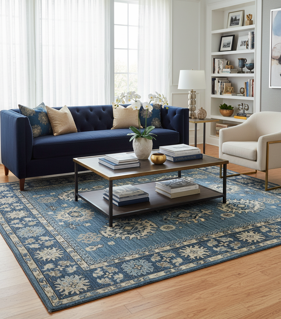 Navy Blue Oushak Rug Lifestyle