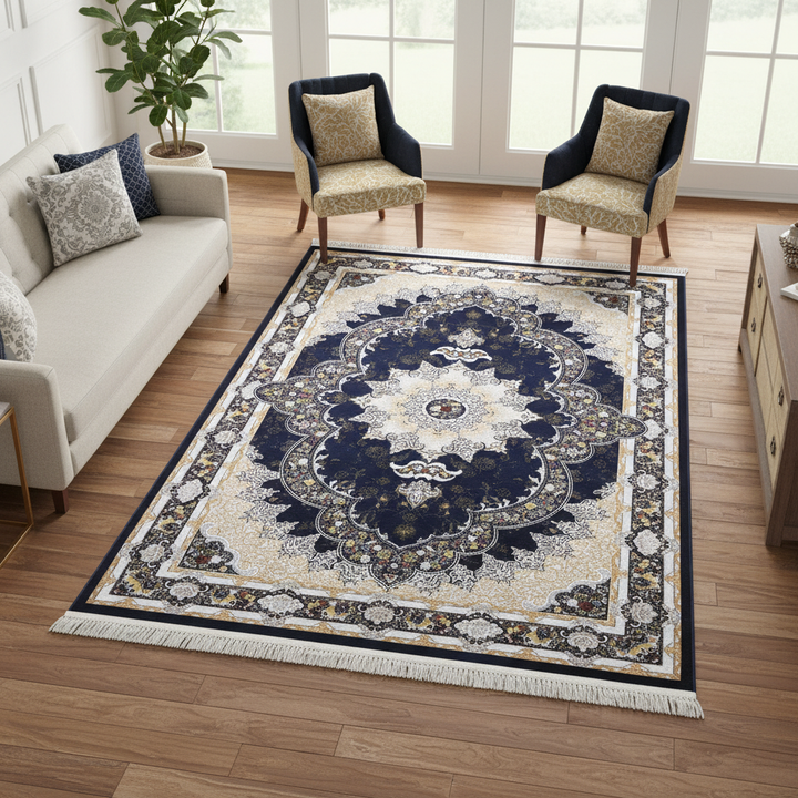 Navy & Cream Persian Rug 5x8 FT - SKU 3020