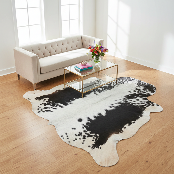 Panda Spotted Cow hide Rug 4X4.5 FT