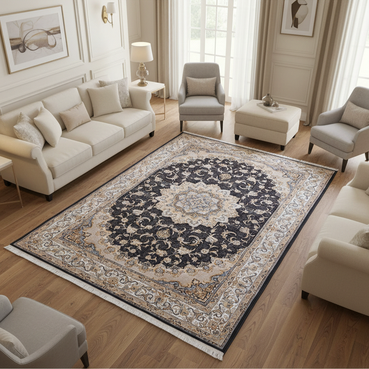 Charcoal Grey & Beige Persian Khas Rug  5X8 ft