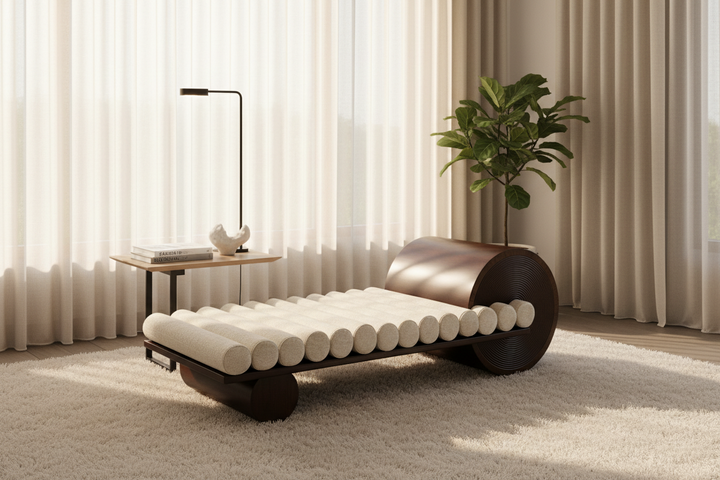 Cream Jute Sculptural Chaise Lounge with Spiral Ashwood Headrest