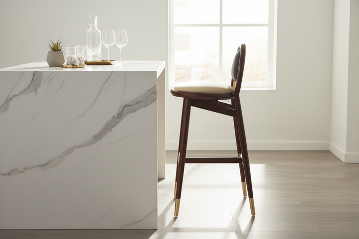 Cream Velvet Bar Stool with Sheshum Wood Frame Oval Rattan Back