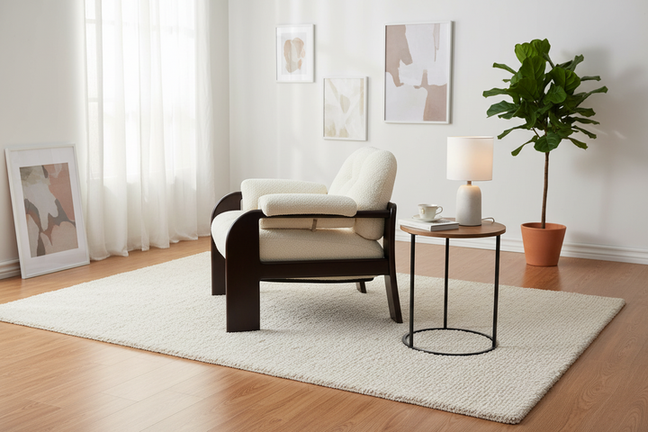 Cream Bouclé Accent Chair with Kikar Wood Frame