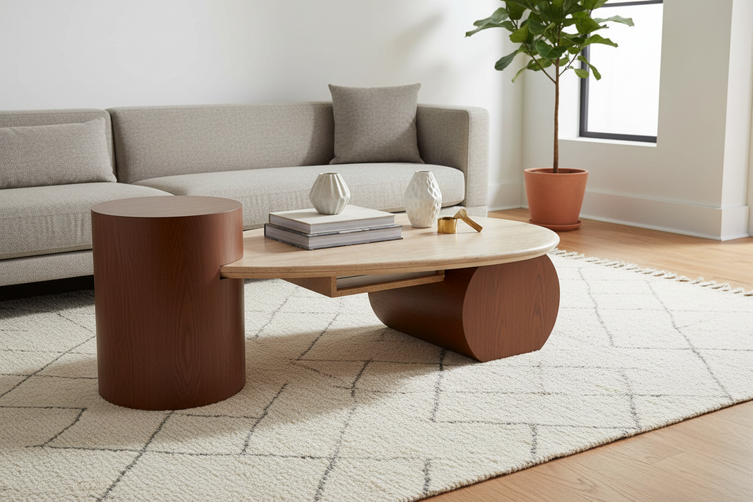 Travertine Stone Coffee Table with Ashwood Veneer Base