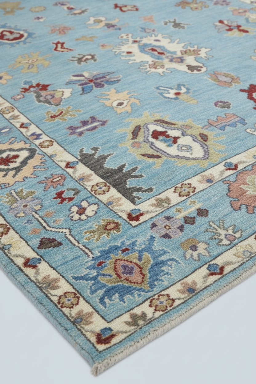 Sky Blue Oushak Rug Close-up 1