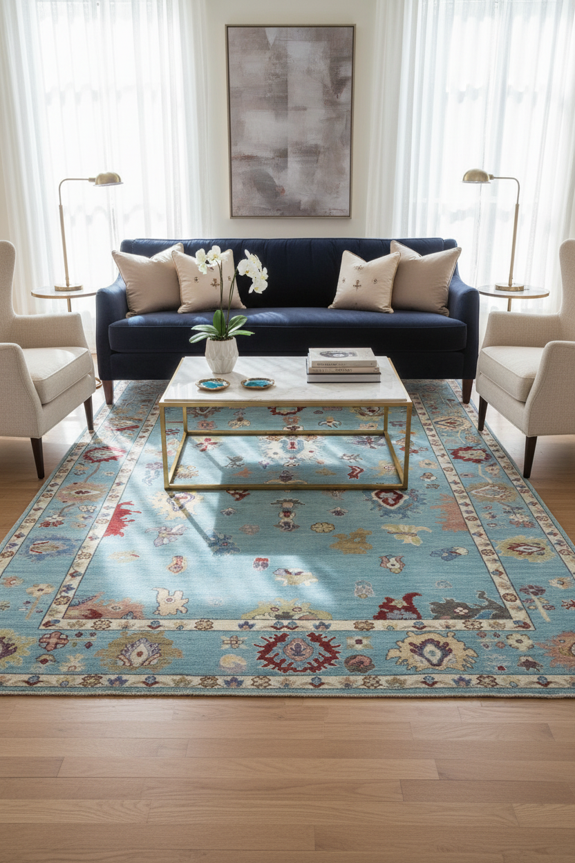 Sky Blue Oushak Rug Lifestyle
