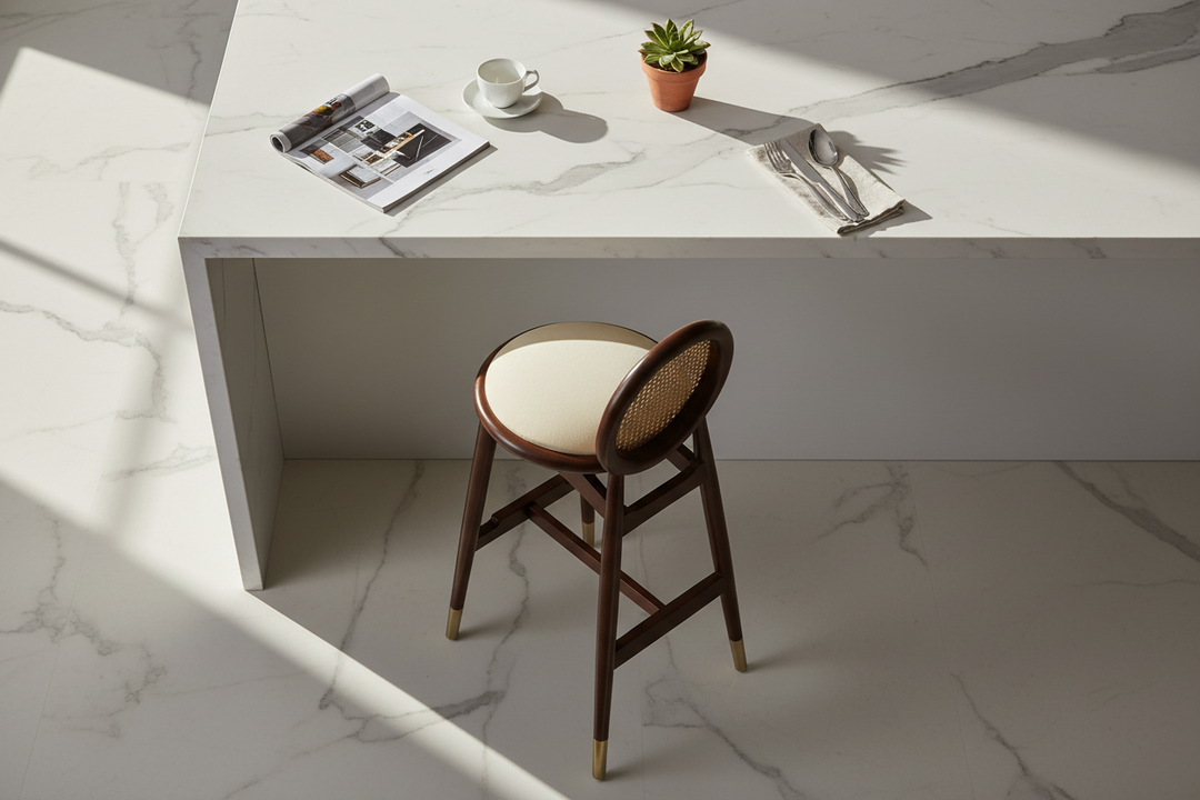 Cream Velvet Bar Stool with Sheshum Wood Frame Oval Rattan Back