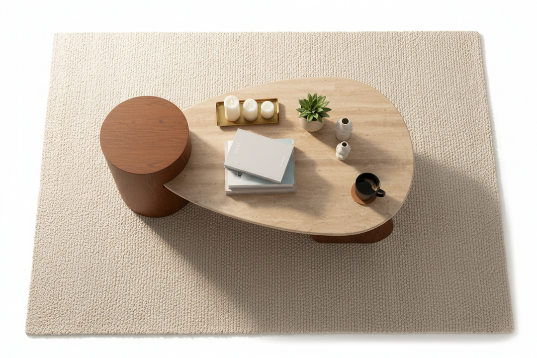 Travertine Stone Coffee Table with Ashwood Veneer Base