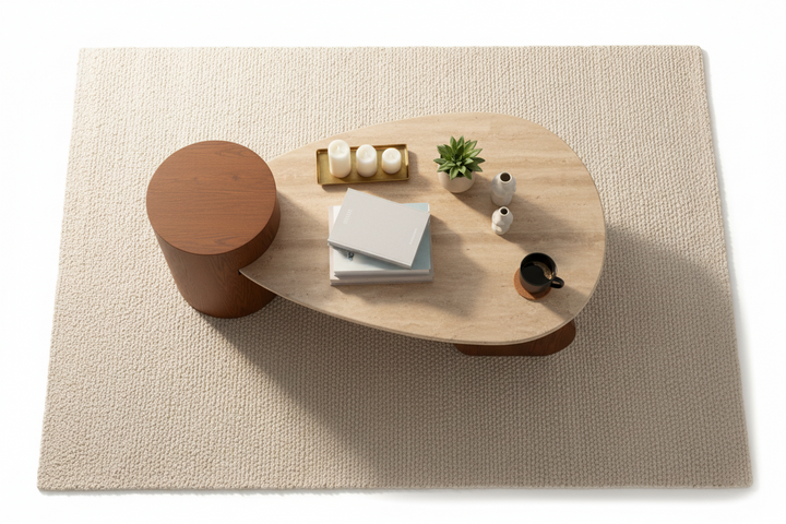 Travertine Stone Coffee Table with Ashwood Veneer Base